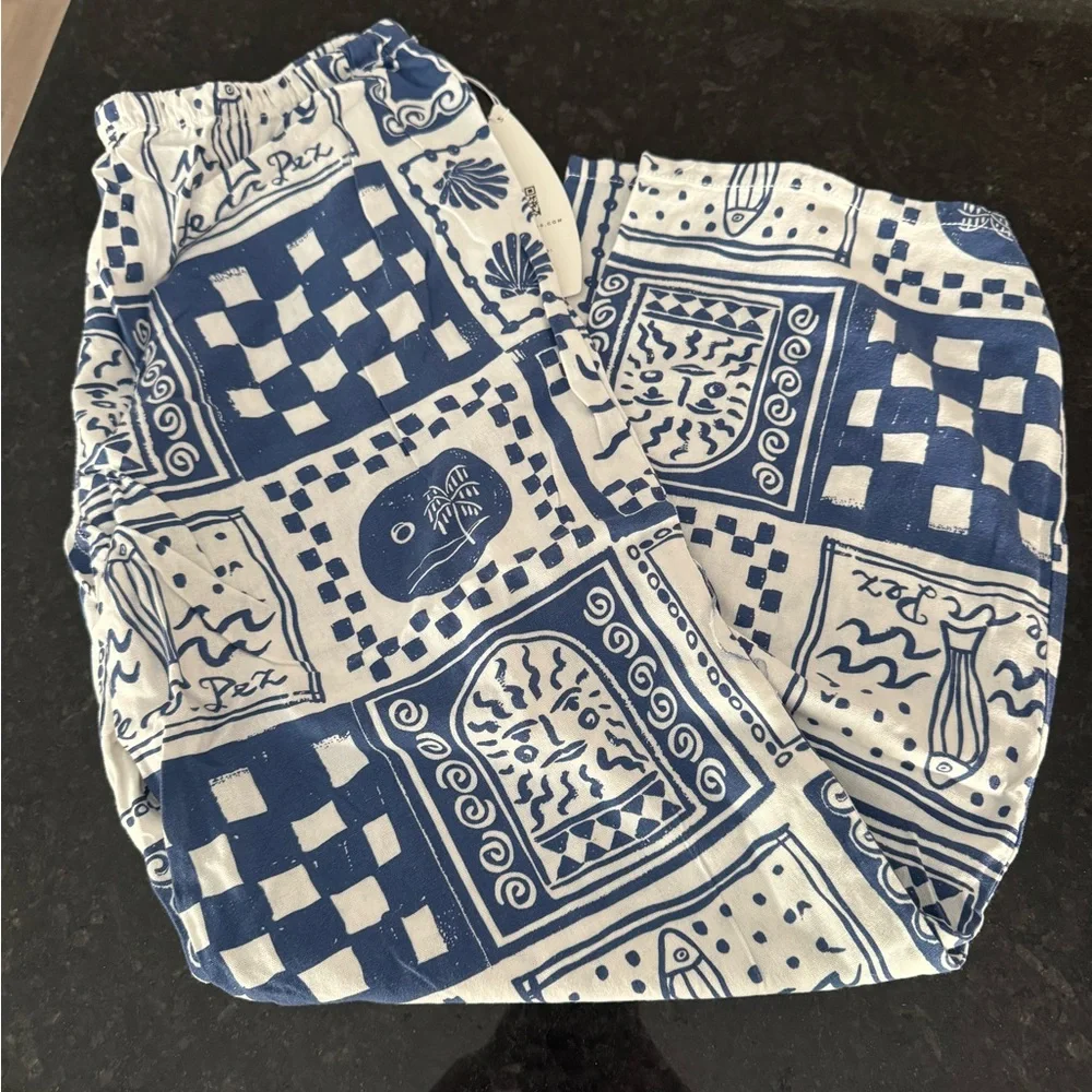 Cali1850 Grecian Printed Linen Pull On Drawstring Beach Pants Large NWT - Picture 5 of 8